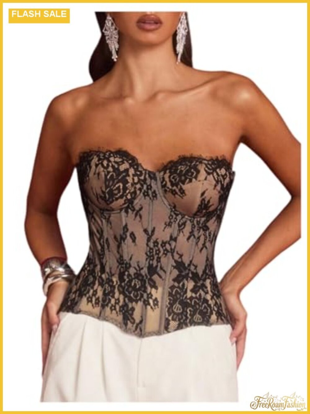 Womens Floral Lace Strapless Corset Bustier Lace Up Crop Top